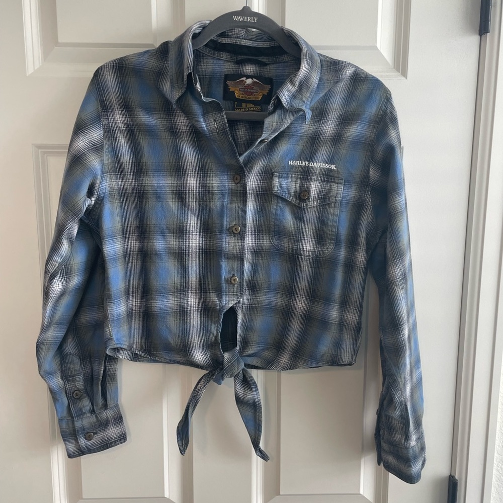 Y2k Harley-Davidson Blue and Black Plaid Button-Down Tie-Front Shirt